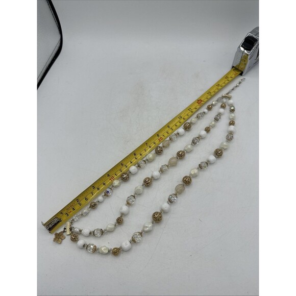 Vendome Coro Necklace Vintage Three 3 Strands Gold Cage Milk Glass Beads - Picture 9 of 12